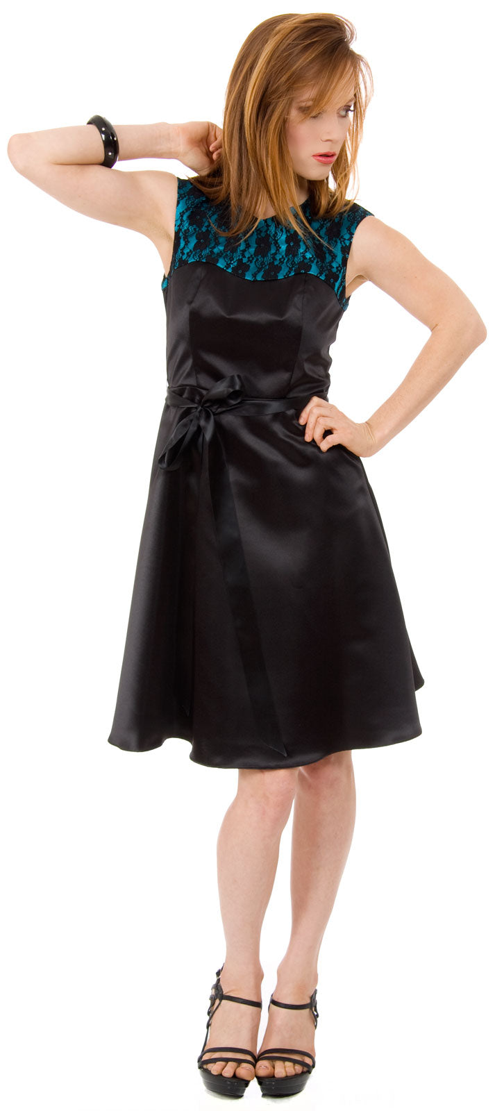 Image of Satin & Lace Short Dress With Detachable Belt in Black/Teal