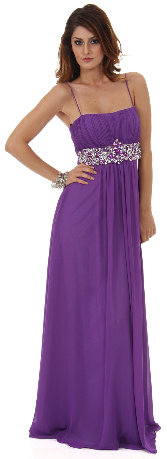 Image of Empire Cut Long Formal Dress With Bejeweled Waist in Violet