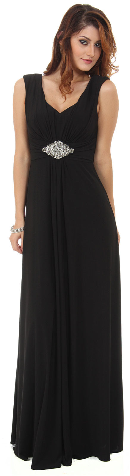 Image of V-neck Cap Sleeves Empire Cut Long Formal Dress in Black