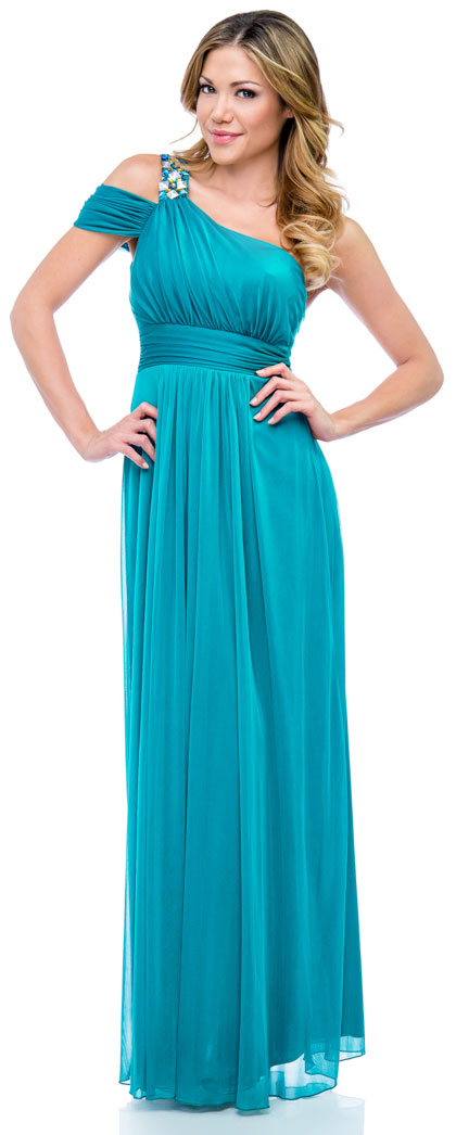 Image of One Shoulder Long Formal Dress With Bejeweled Strap in Dark Turquoise