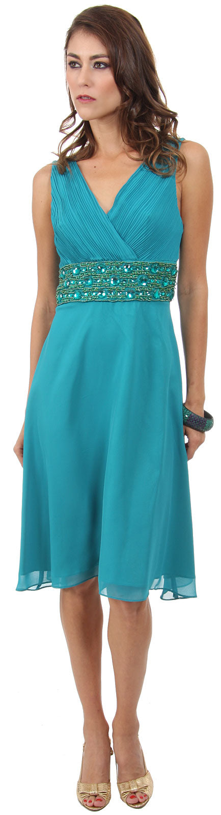 Image of V-neck Knee Length Formal Party Dress With Pleating  in Teal