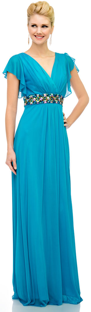 Image of V-neck Long Formal Mob Dress With Flutter Sleeves in Dark Turquoise