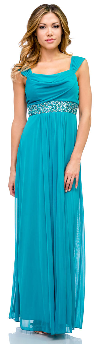 Image of Empire Cut Long Formal Dress With Cap Sleeves  in Dark Turquoise