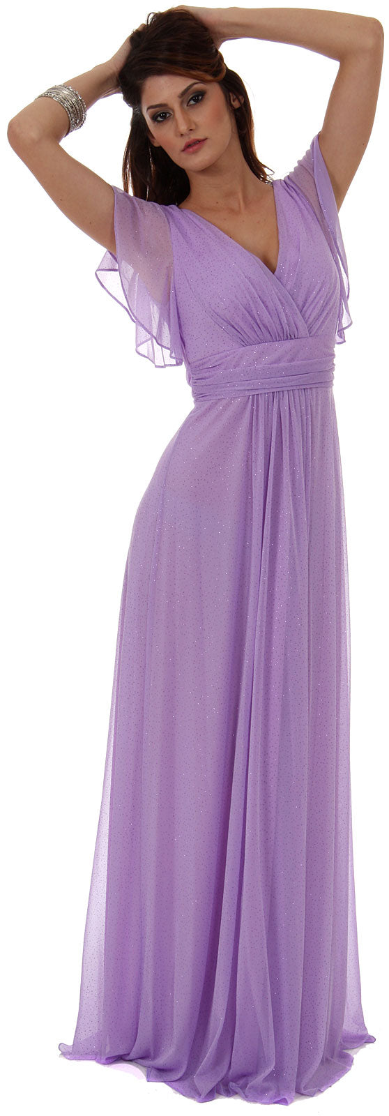 Image of Glittered V-neck Long Formal Dress With Flutter Sleeves in Lilac