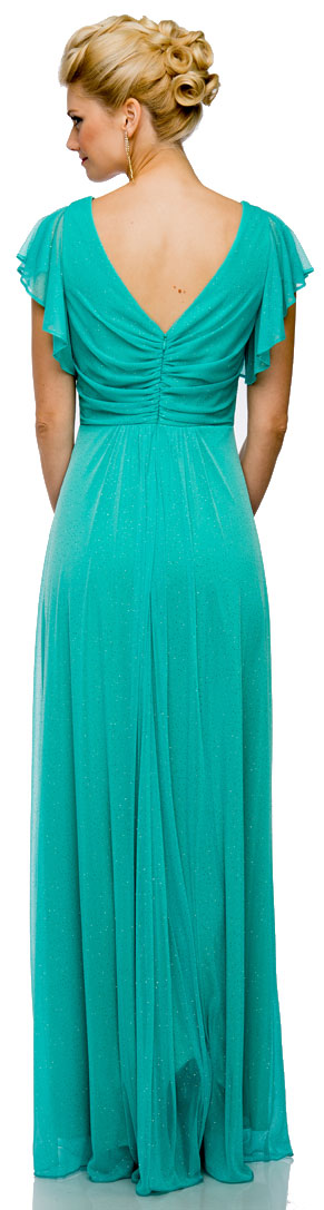 Back image of Glittered V-neck Long Formal Dress With Flutter Sleeves