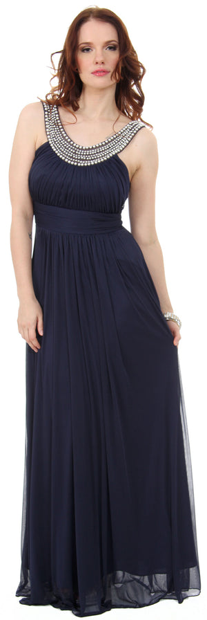 Image of Pearls U-neck Ruched Long Formal Bridesmaid Dress  in Navy