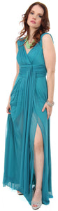 Image of V-neck Long Formal Dress With Cap Sleeves & Front Slit in Jade Green