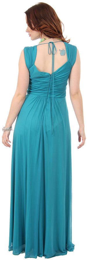 Image of V-neck Long Formal Dress With Cap Sleeves & Front Slit back in Jade Green