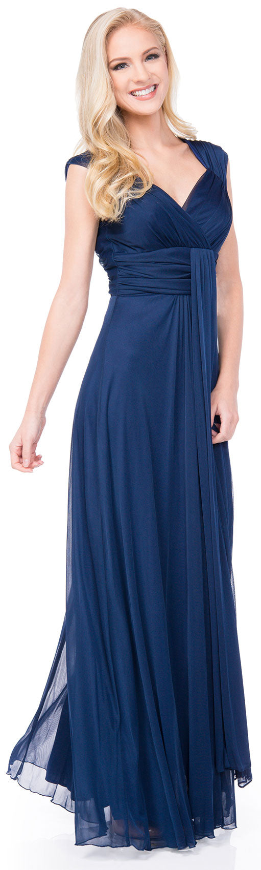 Main image of V-neck Long Formal Dress With Cap Sleeves & Front Slit