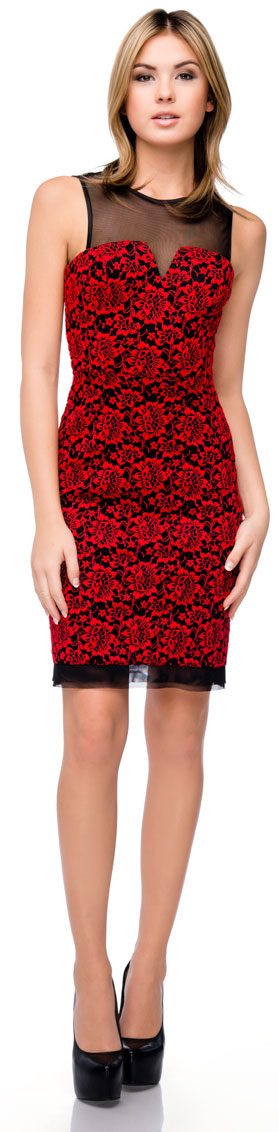 Main image of Floral Lace Short Party Dress With Mesh Trim