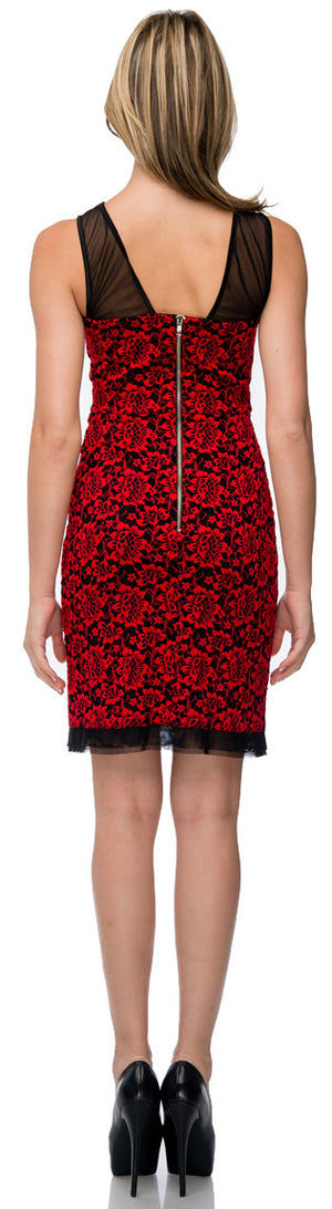Back image of Floral Lace Short Party Dress With Mesh Trim