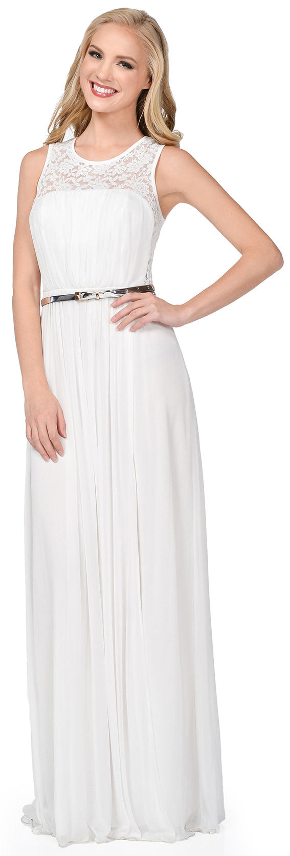 Main image of Sheer Lace Top Waist Belt Long Bridesmaid Dress