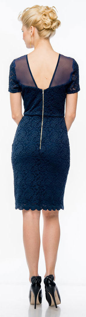 Image of Short Sleeves Form Fitting Short Formal Party Dress In Lace back in Navy