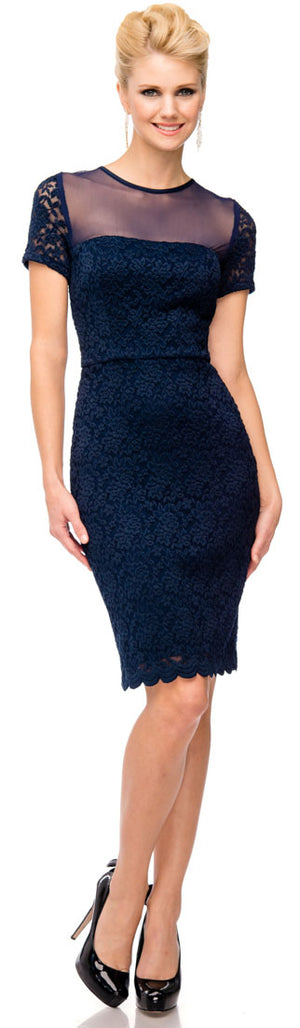 Image of Short Sleeves Form Fitting Short Formal Party Dress In Lace in Navy