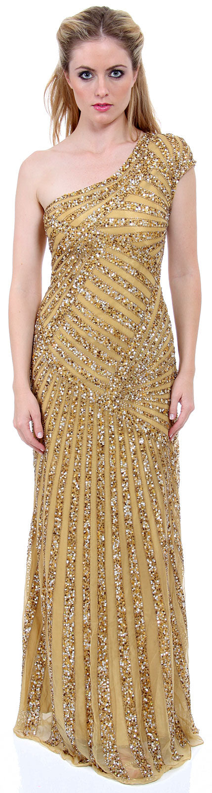 Image of Full Length Sophisticated Sequined Evening Gown in Gold color