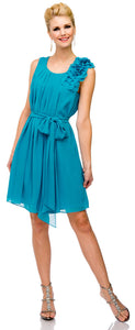 Main image of Pleated Short Party Dress With Floral Shoulder & Waist Sash