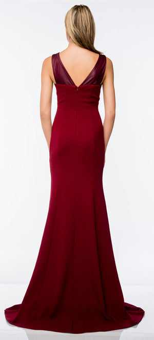 Back image of Faux Leather Panel Fitted Long Formal Evening Dress