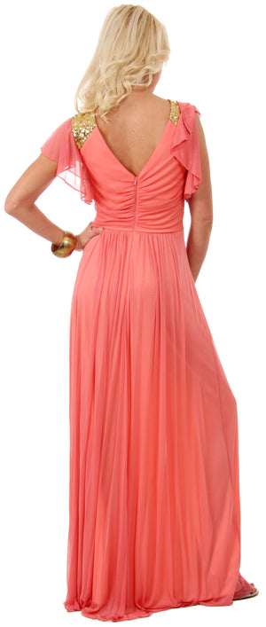 Image of Ruffle Sleeves Long Formal Bridesmaid Dress With Sequins back in Coral