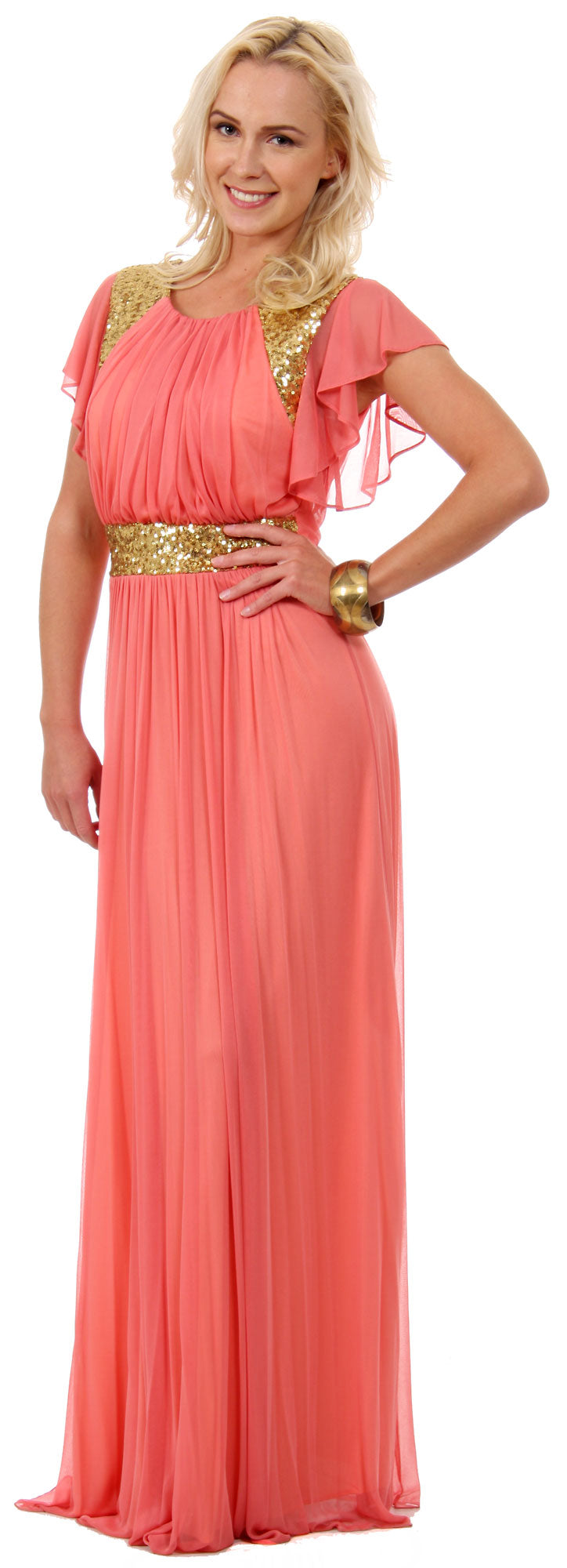 Image of Ruffle Sleeves Long Formal Bridesmaid Dress With Sequins in Coral