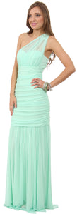 Image of One Shoulder Shirred Mermaid Style Long Formal Prom Dress in Mint
