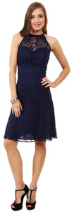 Image of Halter Neck Floral Lace Short Bridesmaid Party Dress in Navy