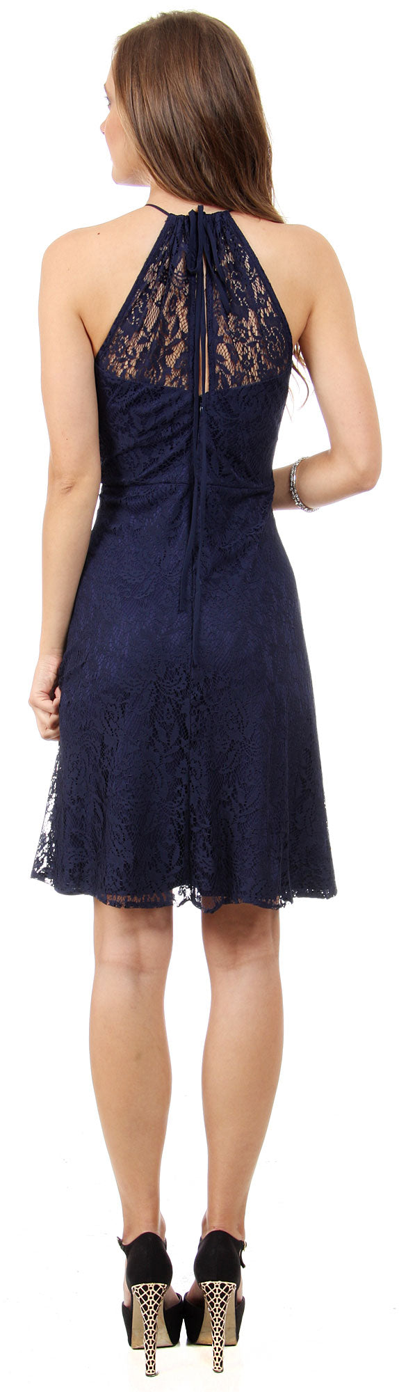 Image of Halter Neck Floral Lace Short Bridesmaid Party Dress back in Navy