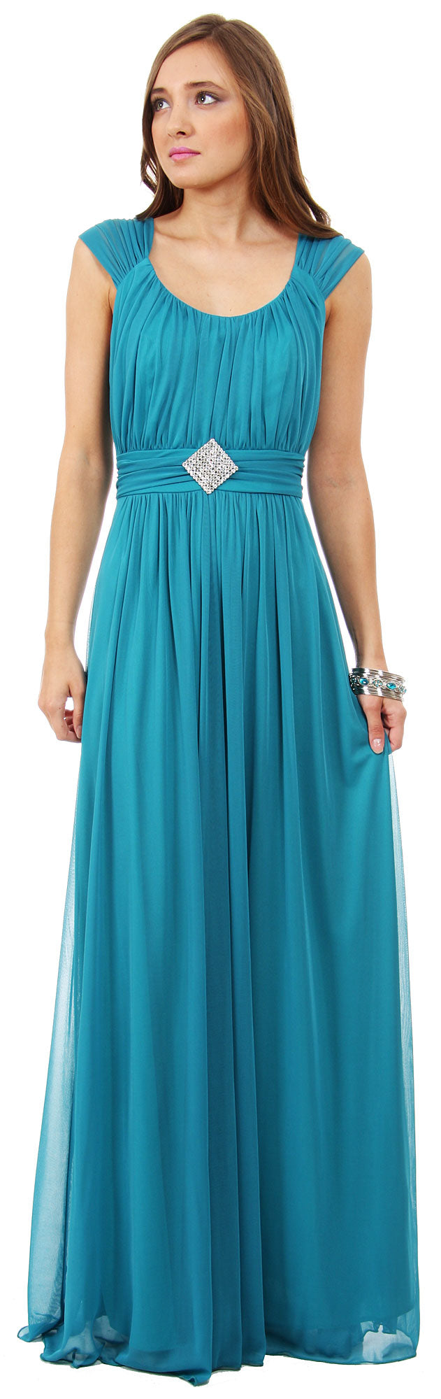 Image of Scoop Neck Broad Straps Shirred Long Formal Bridesmaid Dress in Jade Green