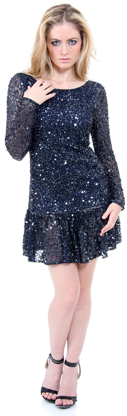 Image of Full Sleeves Flared Skirt Sequined Mini Party Dress in Navy