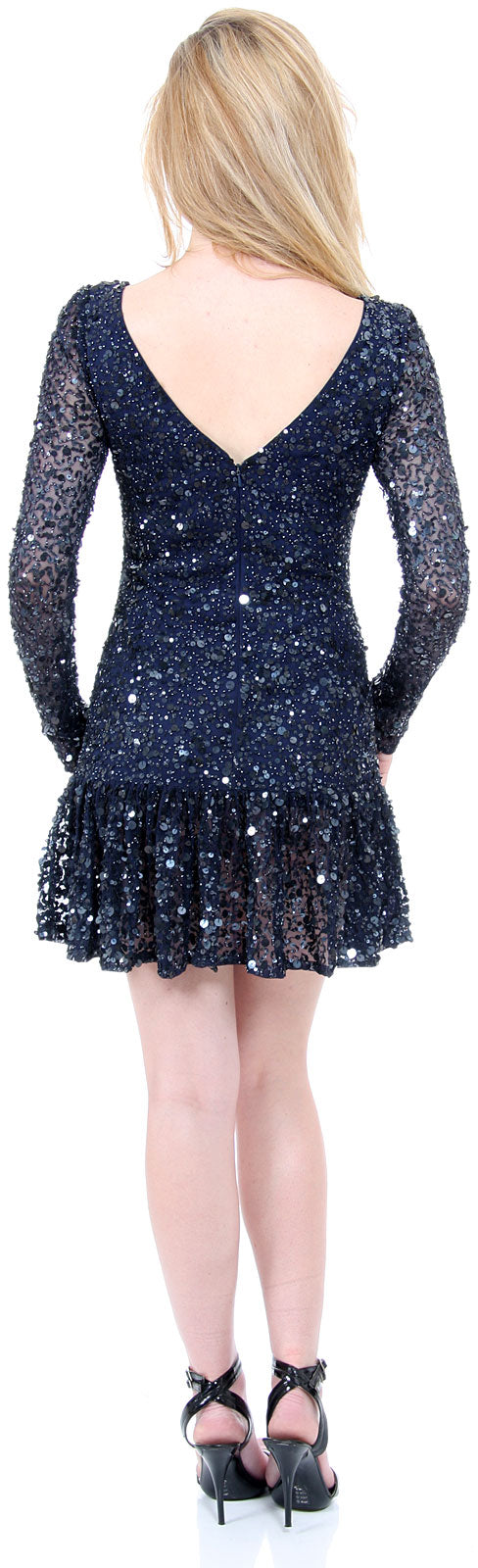 Image of Full Sleeves Flared Skirt Sequined Mini Party Dress back in Navy