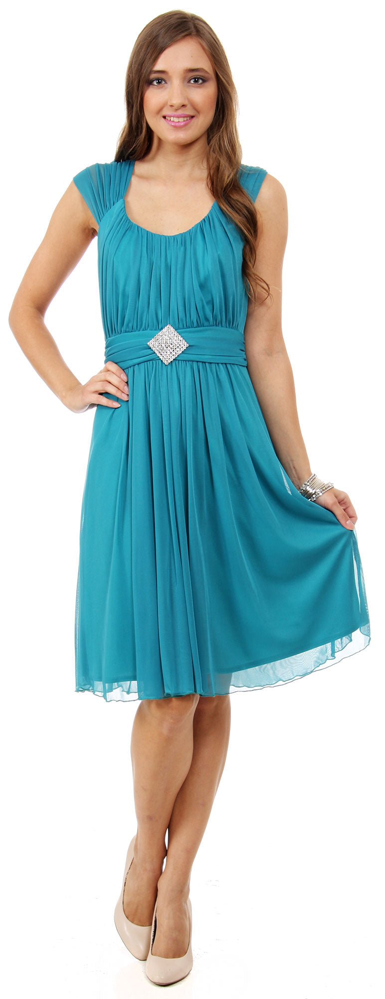 Image of Scoop Neck Broad Shirred Short Bridesmaid Party Dress in Jade Green