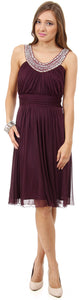 Image of U-neck Short Party Dress With Pearls & Diamond Accent in Plum