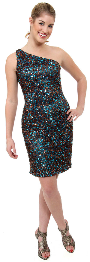 Image of Hand Beaded And Sequined One Shoulder Short Dress in Brown/Turquoise