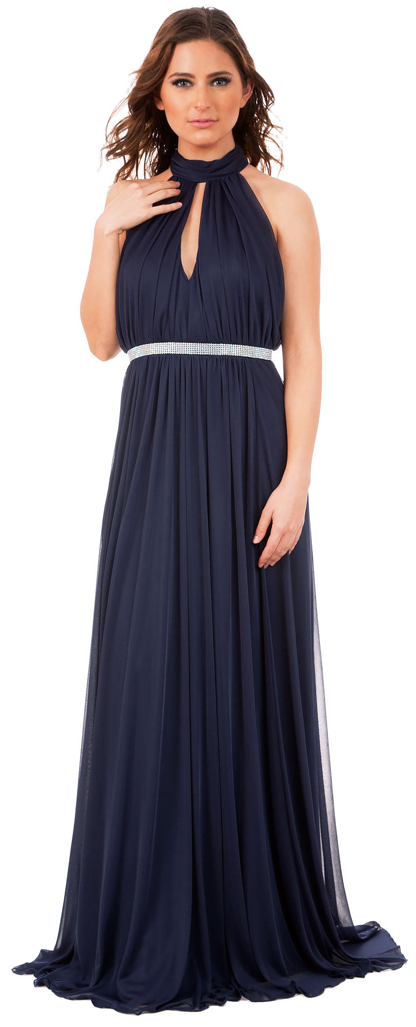 Image of High Halter Neck Long Formal Bridesmaid Dress With Keyhole in Navy