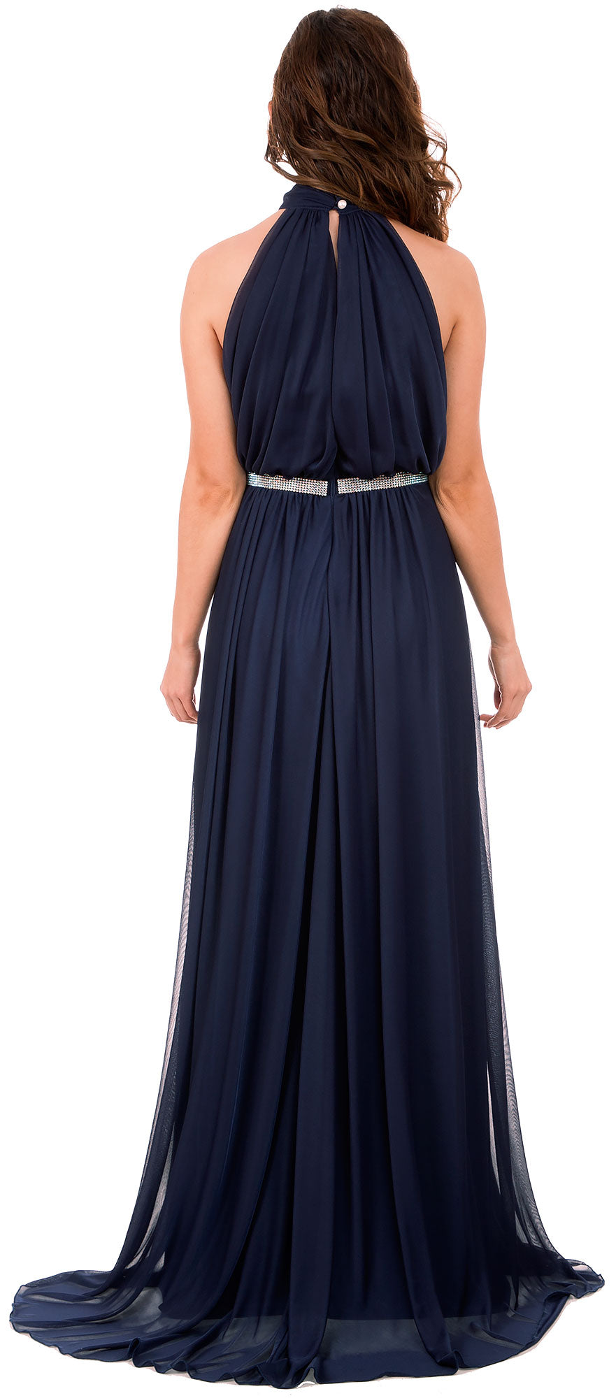 Image of High Halter Neck Long Formal Bridesmaid Dress With Keyhole back in Navy