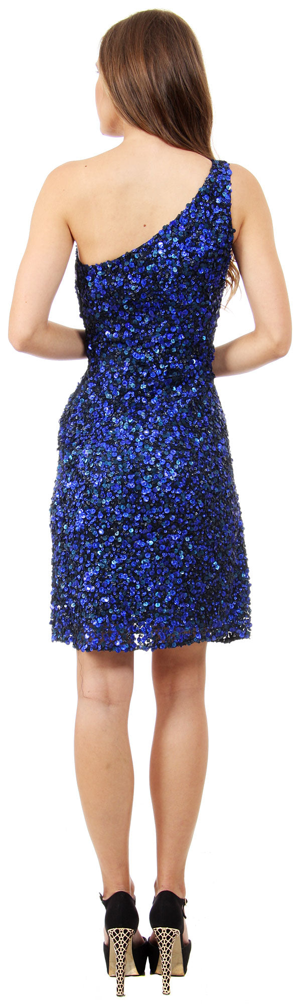 Back image of One Shoulder Short Party Dress With Textured Sequins