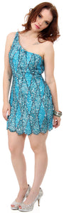 Image of One Shoulder Two Tone Dress With Asymetical Hemline in Turquoise