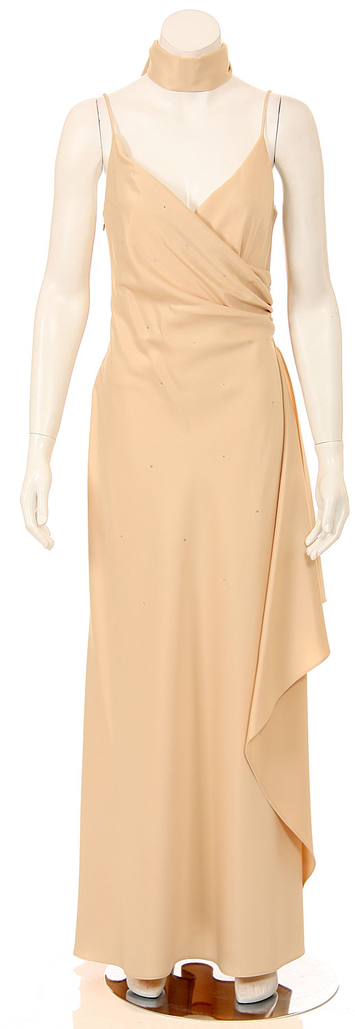Image of Spaghetti Full Length Dress With Bust Overlay in Champaign