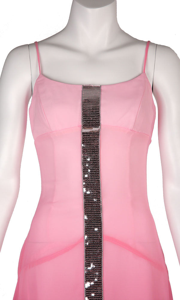 Image of Asymmetrical Shimmering Party Dress in Baby Pink closeup