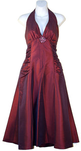 Image of Halter Neck Taffeta Tea Length Party Dress in Eggplant color