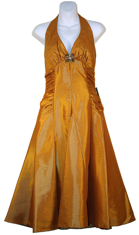 Image of Halter Neck Taffeta Tea Length Party Dress in Gold color