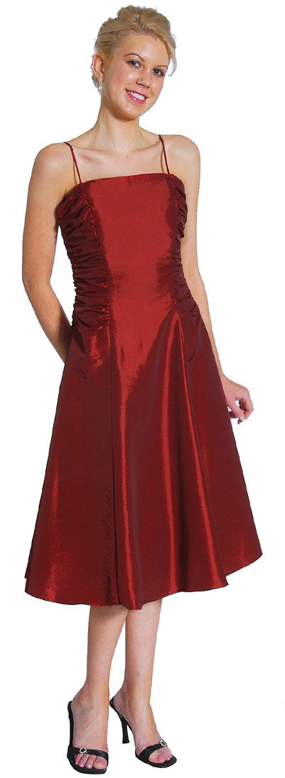 Image of Spaghetti Straps Ruched Taffeta Short Party Dress in Burgundy color