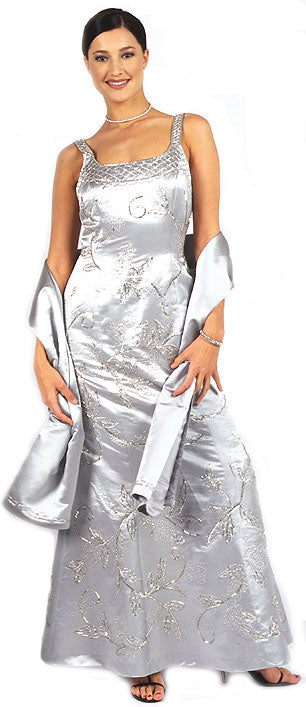 Main image of Beaded Formal Silver Prom Dress With Floral Accent