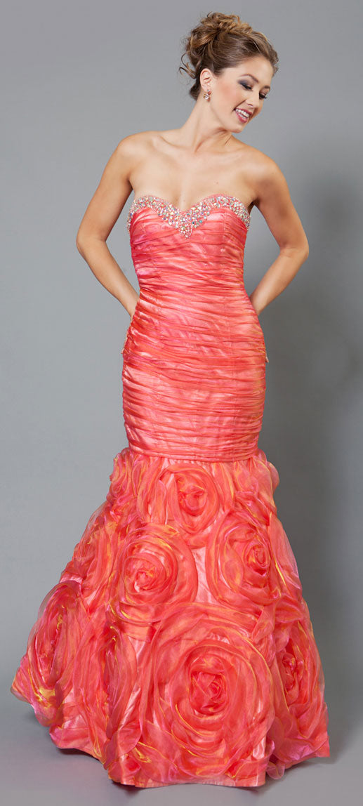 Image of Two Tone Mermaid Style Shirred Strapless Prom Dress  in Orange