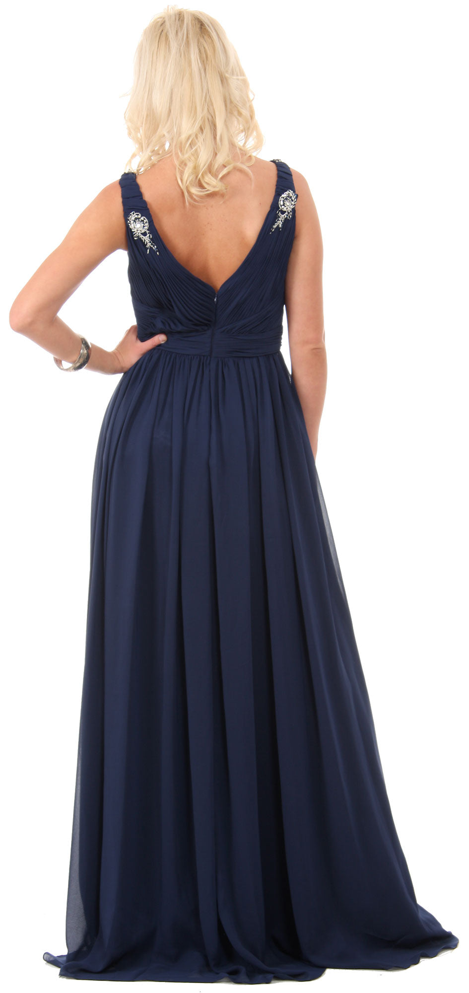 Back image of Deep V-neck Ruched Floor Length Formal Prom Dress