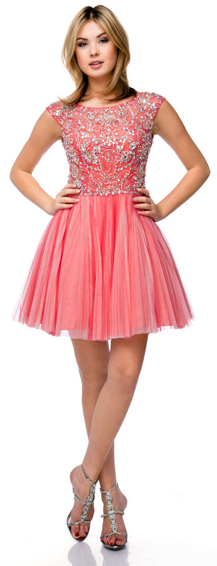 Main image of Bejeweled Short Party Prom Dress With Mesh Skirt