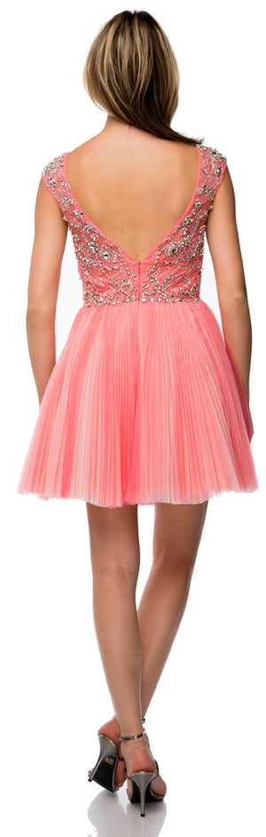 Back image of Bejeweled Short Party Prom Dress With Mesh Skirt