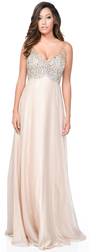 Image of V-neck Bejeweled Mesh Top Floor Length Formal Prom Dress in Beige