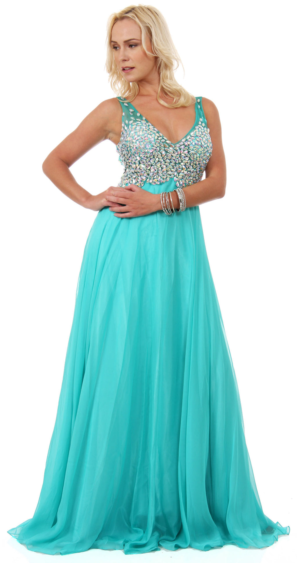 Main image of V-neck Bejeweled Mesh Top Floor Length Formal Prom Dress