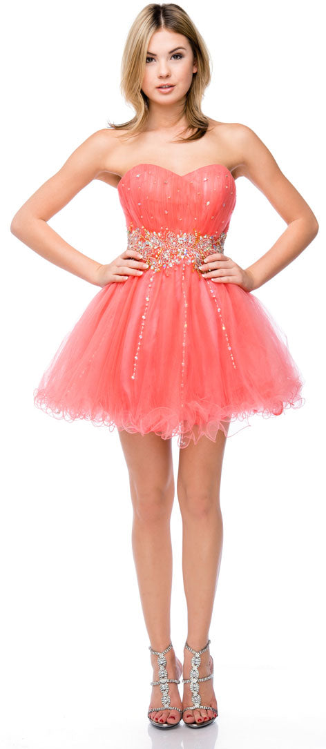 Main image of Strapless Beaded Waist Short Tulle Party Prom Dress