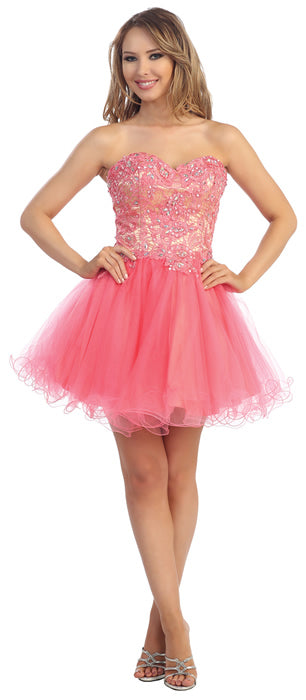Image of Strapless Floral Lace Bust Tulle Short Party Prom Dress in Coral/Nude